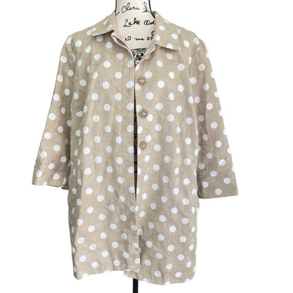 CHICO’S POLKA DOT JACKET TAN/WHITE PLEAT BACK 3/4 SLEEVES 
SZ 16 SOPHISTICATED - Picture 2 of 16